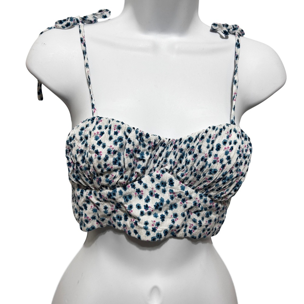 Princess Polly Womens Cottage Coquette Crop Top 6 White Blue Floral Tie Shoulder